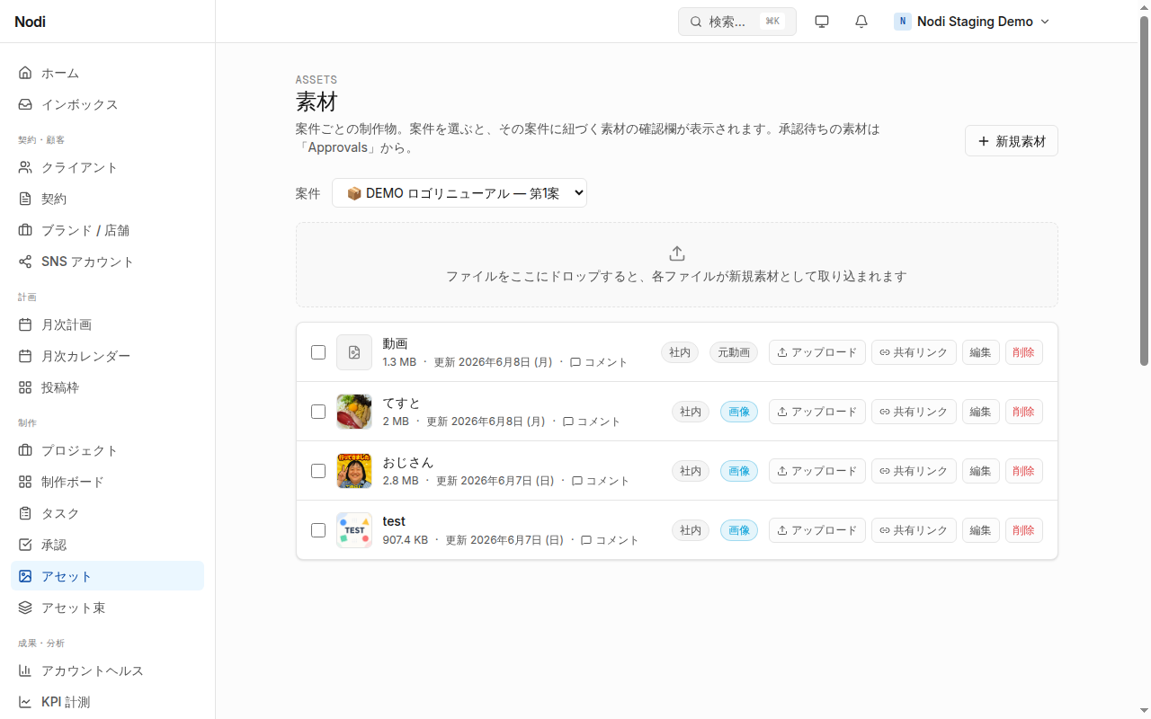 素材画面で案件を選び、素材一覧が表示された状態。各行の右側に「共有リンク」ボタンが並ぶ。